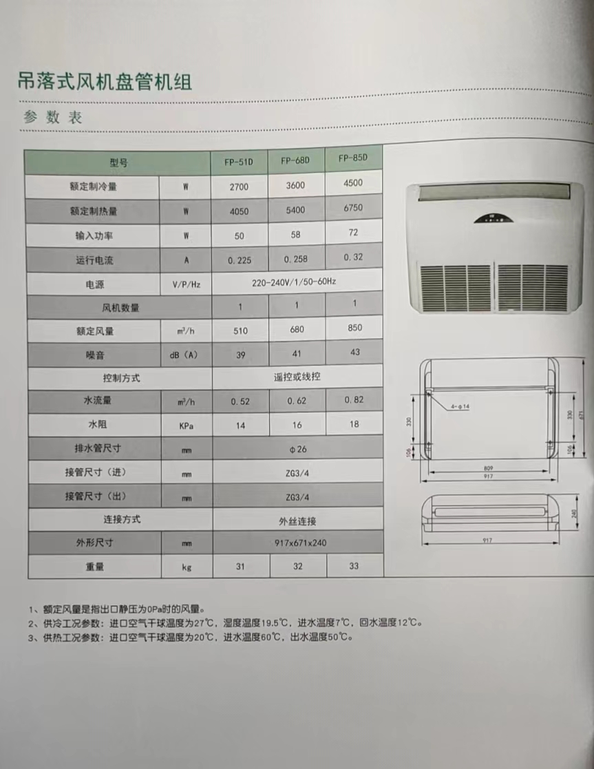 吊落式风机盘管，坐吊式空调器，生产厂家参数/规格(图1)